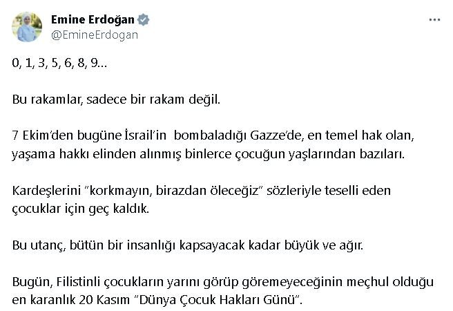 Dünya Çocuk Hakları Günü’nde, Emine Erdoğan’dan ‘ateşkes’ çağrısı geldi.