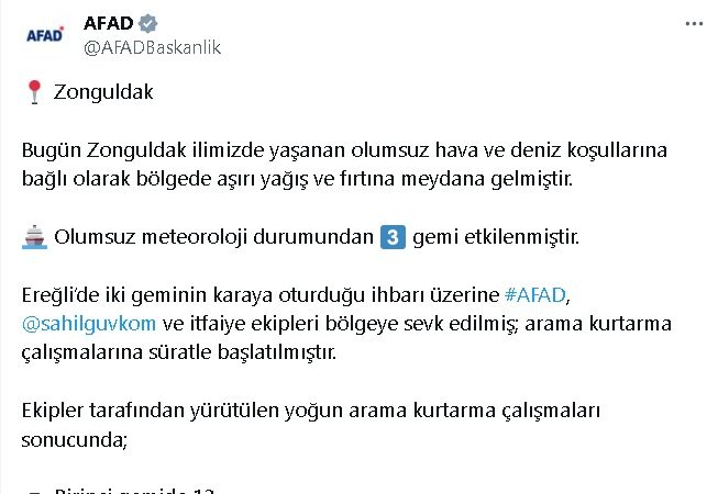 AFAD, Zonguldak’ta iletişimi kesilen kargo gemisinin arama çalışmalarını halen devam ettiriyor.