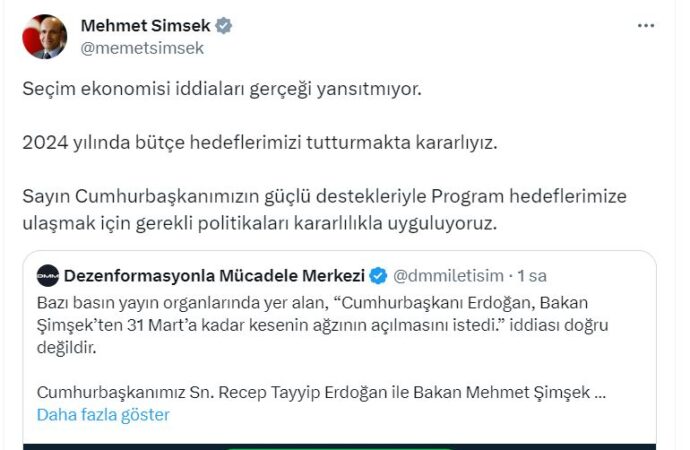 Bakan Şimşek, seçim ekonomisi iddialarının gerçeği yansıtmadığını belirtti.